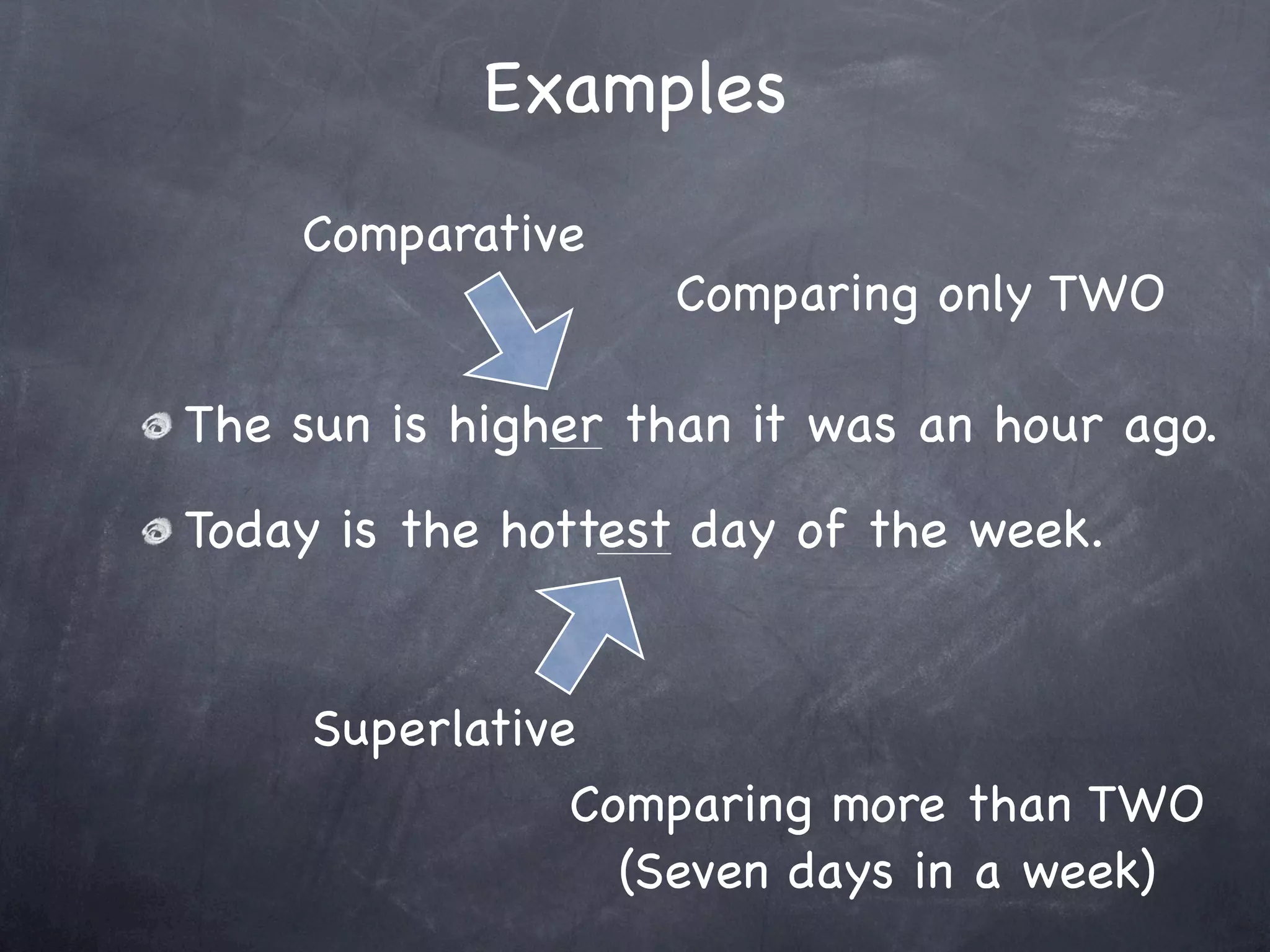 Examples
    Comparative
                   Comparing only TWO

The sun is higher than it was an hour ago.
Today is the hottest day of the week.


     Superlative
                Comparing more than TWO
                  (Seven days in a week)
 