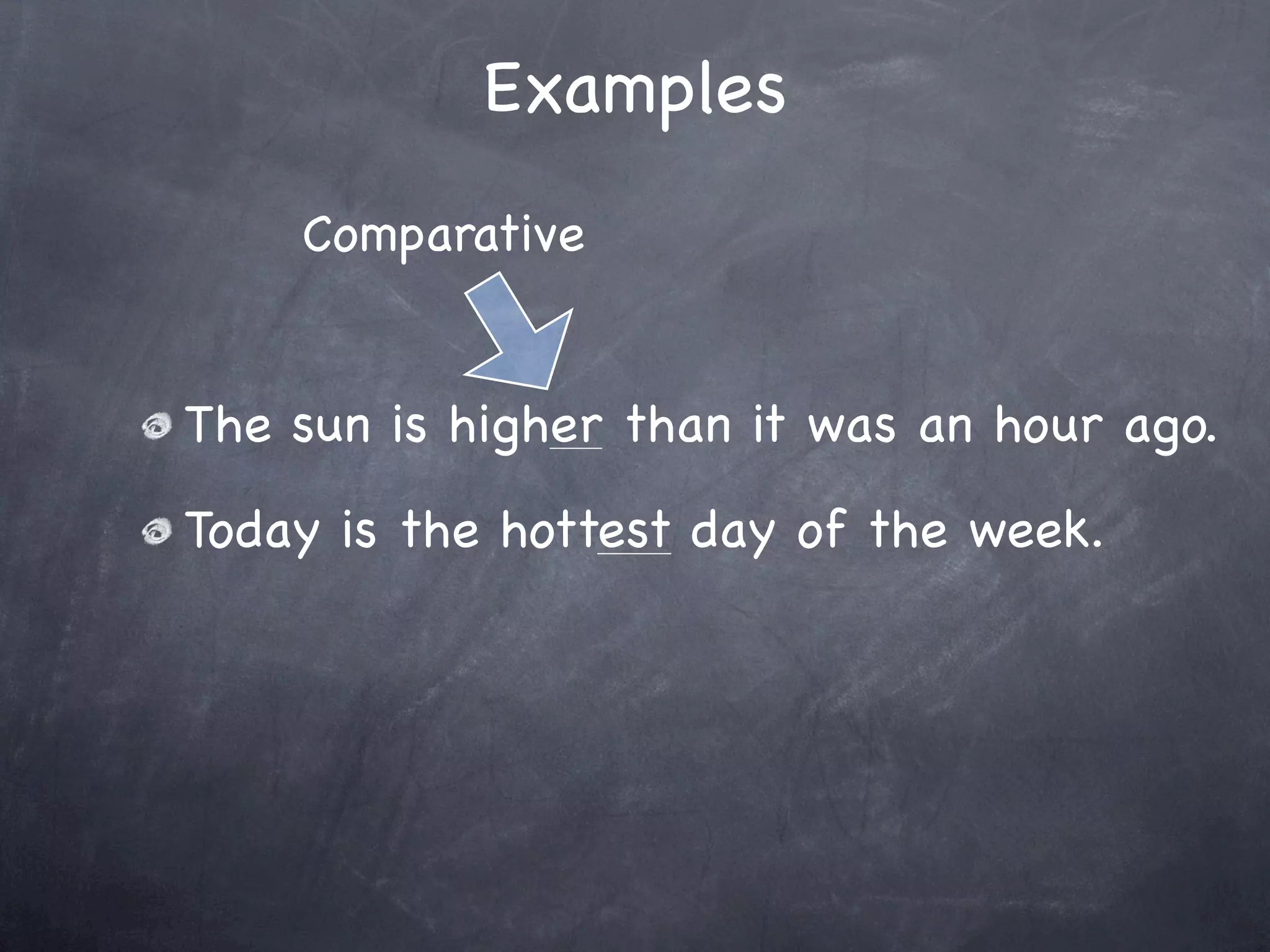 Examples
    Comparative


The sun is higher than it was an hour ago.
Today is the hottest day of the week.
 