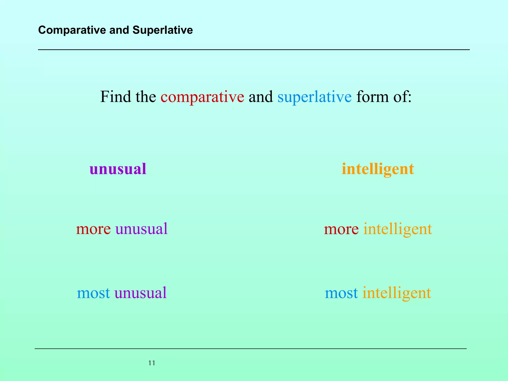 more   unusual most   unusual more   intelligent most   intelligent Find the  comparative  and  superlative  form of: unusual intelligent 