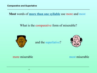 Most  words of  more than one syllable  use  more  and  most What is the  comparative  form of miserable? more  miserable and the  superlative ? most  miserable 