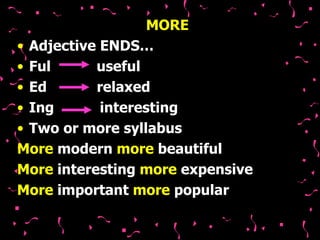 MORE   Adjective ENDS… Ful  useful Ed  relaxed  Ing  interesting  Two or more syllabus  More  modern  more  beautiful  More  interesting  more  expensive   More  important  more  popular  