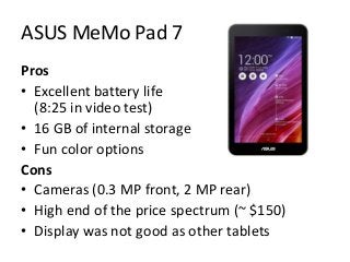 ASUS MeMo Pad 7 
Pros 
• Excellent battery life 
(8:25 in video test) 
• 16 GB of internal storage 
• Fun color options 
C...