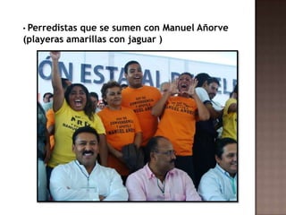 Publicitar a visitas nacionales Galilea montijoINVITADA ESPECIAL DE MANUEL ANORVE BAÑOS Perredistas que se sumen con Manuel Añorve  (playeras amarillas con jaguar )Colocar Mantas y cartulinas acusando a Ángel AguirreCirculan propaganda acusando a Ángel Aguirre Personajes de izquierda en manifestaciones contraÁa. http://www.suracapulco.com.mx/nota1e.php?id_nota=87186