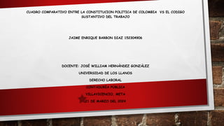 CUADRO COMPARATIVO ENTRE LA CONSTITUCION POLITICA DE COLOMBIA VS EL CODIGO
SUSTANTIVO DEL TRABAJO
JAIME ENRIQUE BARBON DIAZ 152304906
DOCENTE: JOSÉ WILLIAM HERNÁNDEZ GONZÁLEZ
UNIVERSIDAD DE LOS LLANOS
DERECHO LABORAL
CONTADURÍA PÚBLICA
VILLAVICENCIO, META
21 DE MARZO DEL 2024
 