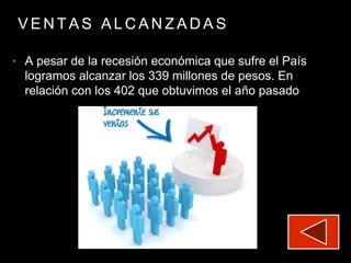 V E N T A S A L C A N Z A D A S
• A pesar de la recesión económica que sufre el País
logramos alcanzar los 339 millones de pesos. En
relación con los 402 que obtuvimos el año pasado
 