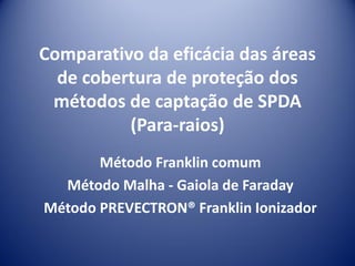 Comparativo da eficácia das áreas
de cobertura de proteção dos
métodos de captação de SPDA
(Para-raios)
Método Franklin comum
Método Malha - Gaiola de Faraday
Método PREVECTRON® Franklin Ionizador
 