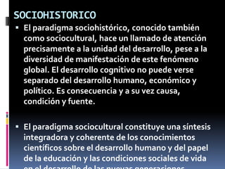 SOCIOHISTORICO
 El paradigma sociohistórico, conocido también
  como sociocultural, hace un llamado de atención
  precisa...