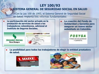 LEY 100/93
       LAS ENTIDADES DEL SISTEMA DE SEGURIDAD SOCIAL
                 INTEGRAL EN COLOMBIA SON:


   Entidades...