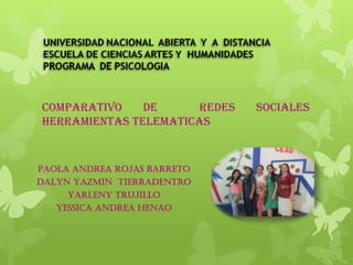 COMPARATIVO
DE
REDES
HERRAMIENTAS TELEMATICAS

PAOLA ANDREA ROJAS BARRETO
DALYN YAZMIN TIERRADENTRO
YARLENY TRUJILLO
YESSICA ANDREA HENAO

SOCIALES

 