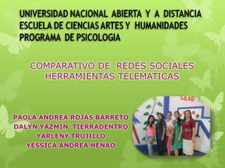 COMPARATIVO DE REDES SOCIALES
HERRAMIENTAS TELEMATICAS

PAOLA ANDREA ROJAS BARRETO
DALYN YAZMIN TIERRADENTRO
YARLENY TRUJILLO
YESSICA ANDREA HENAO

 