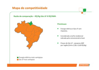 Mapa de competitividade

Razão de comparação – R$/Kg Gás LP X R$/KWh


                        Consumo                     Eficiência
                                                    Premissas:
                       Eletricidade                  aparelho
                                                        Energia elétrica e Gás LP sem
                                                        impostos.

                                       Consumo          Considerada a tarifa residencial
                                        Gás LP          cobrada pela concessionária local.

                                                       Preços de Gás LP – pesquisa ANP
       Eficiência              Perdas            Perdaspor regiãoAquecimento R$/Kg).
                                                                 (Entre 2,90 e 3,40
        aparelho             Transporte     Estagnadas                 tubo




     Energia elétrica mais vantajosa
     Gás LP mais vantajoso
 