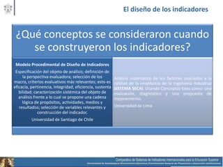 El diseño de los indicadores


 ¿Qué conceptos se consideraron cuando
    se construyeron los indicadores?
 Modelo Procedimental de Diseño de Indicadores
 Especificación del objeto de análisis; definición de
     la perspectiva evaluadora; selección de los          Análisis sistemático de los factores asociados a la
macro, criterios evaluativos más relevantes; esto es      calidad de la enseñanza de la Ingeniería Industrial
eficacia, pertinencia, integridad, eficiencia, sustenta   SISTEMA SECAI. Usando Conceptos tales como: una
   bilidad; caracterización sistémica del objeto de       evaluación, diagnóstico y una propuesta de
   análisis frente a lo cual se propone una cadena        mejoramiento.
     lógica de propósitos, actividades, medios y
   resultados; selección de variables relevantes y        Universidad de Lima
              construcción del indicador.
          Universidad de Santiago de Chile
 