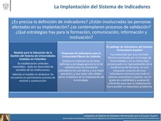 La Implantación del Sistema de Indicadores

¿Es precisa la definición de indicadores? ¿Están involucradas las personas
afectadas en su implantación? ¿se contemplaron procesos de validación?
  ¿Qué estrategias hay para la formación, comunicación, información y
                                motivación?
                                                                               El catálogo de Indicadores del Sistema
                                                                                        Universitario Español
  Modelo para la Valoración de la        Propuesta de indicadores para la
Gestión del Sistema de Universidades                                                Fue elaborado por una Comisión
                                         Universidad Oberta de Cataluña          Técnica constituida por el Consejo de
       Estatales en Colombia.
                                           Destaca la importancia de tener          Universidades y en su última fase
     Se establecieron umbrales          definida la estrategia general (y la de consensuado con representantes de la
 razonables, dada las diversidad de          calidad) antes de plantearse           Conferencia de Rectores, en una
    tamaños de las Instituciones,      indicadores (lo cual abona a una mejor         búsqueda conjunta de unos
 Además el modelo es dinámico: Se        precisión), y que todos ellos deben       indicadores comunes para todo el
encuentra en permanente proceso de     servir al objetivo de la implantación de sistema universitario español, con el
      revisión y construcción.                       la estrategia.               grado de credibilidad y aceptación
                                                                                 suficientes para que su implantación
                                                                                fuera posible sin especiales problemas
 