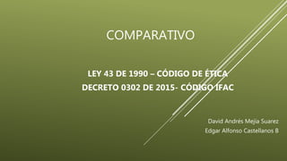 COMPARATIVO
LEY 43 DE 1990 – CÓDIGO DE ÉTICA
DECRETO 0302 DE 2015- CÓDIGO IFAC
David Andrés Mejía Suarez
Edgar Alfonso Castellanos B
 