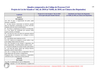 Quadro comparativo do Código de Processo Civil 
Projeto de Lei do Senado nº 166, de 2010 (nº 8.046, de 2010, na Câmara dos Deputados) 
Elaborado pelo Serviço de Redação da Secretaria-Geral da Mesa do Senado Federal. • (Elaboração: 09.06.2014 – 15:30) • (Última atualização: 09.06.2014 – 15:35) 
149 
Legislação Projeto de Lei do Senado nº 166, de 2010 (texto aprovado pelo Senado Federal) Substitutivo da Câmara dos Deputados (nº 8.046, de 2010, na Câmara dos Deputados) 
Seção II 
Do Seqüestro 
Art. 822. O juiz, a requerimento da parte, pode decretar o seqüestro: 
I - de bens móveis, semoventes ou imóveis, quando Ihes for disputada a propriedade ou a posse, havendo fundado receio de rixas ou danificações; 
II - dos frutos e rendimentos do imóvel reivindicando, se o réu, depois de condenado por sentença ainda sujeita a recurso, os dissipar; 
III - dos bens do casal, nas ações de separação judicial e de anulação de casamento, se o cônjuge os estiver dilapidando; 
IV - nos demais casos expressos em lei. 
Art. 823. Aplica-se ao seqüestro, no que couber, o que este Código estatui acerca do arresto. 
Art. 824. Incumbe ao juiz nomear o depositário dos bens seqüestrados. A escolha poderá, todavia, recair: 
I - em pessoa indicada, de comum acordo, pelas partes; 
II - em uma das partes, desde que ofereça maiores garantias e preste caução idônea. 
Art. 825. A entrega dos bens ao depositário far-se-á logo depois que este assinar o compromisso. 
Parágrafo único. Se houver resistência, o depositário solicitará ao juiz a requisição de força policial. 
Seção III 
Da Caução 
Art. 826. A caução pode ser real ou fidejussória. 
Art. 827. Quando a lei não determinar a espécie de 
 