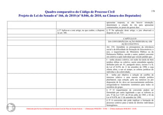 Quadro comparativo do Código de Processo Civil 
Projeto de Lei do Senado nº 166, de 2010 (nº 8.046, de 2010, na Câmara dos Deputados) 
Elaborado pelo Serviço de Redação da Secretaria-Geral da Mesa do Senado Federal. • (Elaboração: 09.06.2014 – 15:30) • (Última atualização: 09.06.2014 – 15:35) 
170 
apresentar resposta; se não houver retratação, determinará a citação do réu para apresentar contrarrazões, no prazo de quinze dias. 
§ 3º Aplica-se a este artigo, no que couber, o disposto no art. 306. 
§ 5º Na aplicação deste artigo, o juiz observará o disposto no art. 521. 
CAPÍTULO IV 
DA CONVERSÃO DA AÇÃO INDIVIDUAL EM AÇÃO COLETIVA 
Art. 334. Atendidos os pressupostos da relevância social e da dificuldade de formação do litisconsórcio, o juiz, a requerimento do Ministério Público ou da Defensoria Pública, ouvido o autor, poderá converter em coletiva a ação individual que veicule pedido que: 
I – tenha alcance coletivo, em razão da tutela de bem jurídico difuso ou coletivo, assim entendidos aqueles definidos pelo art. 81, parágrafo único, incisos I e II, da Lei nº 8.078, de 11 de setembro de 1990, e cuja ofensa afete, a um só tempo, as esferas jurídicas do indivíduo e da coletividade; 
II – tenha por objetivo a solução de conflito de interesse relativo a uma mesma relação jurídica plurilateral, cuja solução, pela sua natureza ou por disposição de lei, deva ser necessariamente uniforme, assegurando-se tratamento isonômico para todos os membros do grupo. 
§ 1º O requerimento de conversão poderá ser formulado por outro legitimado a que se referem os arts. 5º da Lei 7.347, de 24 de julho de 1985, e 82 da Lei nº 8.078, de 11 de setembro de 1990. 
§ 2º A conversão não pode implicar a formação de processo coletivo para a tutela de direitos individuais homogêneos.  