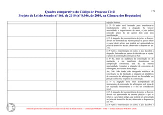 Quadro comparativo do Código de Processo Civil 
Projeto de Lei do Senado nº 166, de 2010 (nº 8.046, de 2010, na Câmara dos Deputados) 
Elaborado pelo Serviço de Redação da Secretaria-Geral da Mesa do Senado Federal. • (Elaboração: 09.06.2014 – 15:30) • (Última atualização: 09.06.2014 – 15:35) 
179 
rejeição liminar. 
§ 2º O autor será intimado para manifestar-se imediatamente sobre a alegação. Se houver necessidade, a requerimento do autor, o juiz poderá conceder prazo de até quinze dias para essa manifestação. 
§ 3º A alegação de incompetência do juízo, se houver, deverá ser formulada na mesma petição a que se refere o caput deste artigo, que poderá ser apresentada no juízo de domicílio do réu, observado o disposto no art. 341. 
§ 4º Após a manifestação do autor, o juiz decidirá a alegação. Intimadas as partes da decisão que a rejeita, o prazo da contestação começará a fluir. 
§ 5º Se, antes da audiência de conciliação ou de mediação, o réu manifestar desinteresse na composição consensual, terá de, na mesma oportunidade, formular a alegação de convenção de arbitragem, nos termos deste artigo. 
Art. 346. Não tendo sido designada audiência de conciliação ou de mediação, a alegação da existência de convenção de arbitragem deverá ser formulada, em petição autônoma, no prazo da contestação. 
§ 1º A alegação deve estar acompanhada do instrumento da convenção de arbitragem, sob pena de ser rejeitada liminarmente e o réu ser considerado revel. 
§ 2º A alegação de incompetência do juízo, se houver, deverá ser apresentada na mesma petição a que se refere o caput deste artigo, que poderá ser apresentada no juízo de domicílio do réu, observado o disposto no art. 341. 
§ 3º Após a manifestação do autor, o juiz decidirá a  
