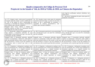 Quadro comparativo do Código de Processo Civil 
Projeto de Lei do Senado nº 166, de 2010 (nº 8.046, de 2010, na Câmara dos Deputados) 
Elaborado pelo Serviço de Redação da Secretaria-Geral da Mesa do Senado Federal. • (Elaboração: 09.06.2014 – 15:30) • (Última atualização: 09.06.2014 – 15:35) 
204 
meio legal de certificação, inclusive eletrônico, nos termos da lei; 
III – não houver impugnação da parte contra quem foi produzido o documento. 
Art. 372. Compete à parte, contra quem foi produzido documento particular, alegar no prazo estabelecido no art. 390, se Ihe admite ou não a autenticidade da assinatura e a veracidade do contexto; presumindo-se, com o silêncio, que o tem por verdadeiro. 
Art. 399. Incumbe à parte contra quem foi produzido documento particular alegar, no prazo de cinco dias, se admite ou não a autenticidade da assinatura e a veracidade do contexto, presumindo-se, com o silêncio, que o tem por verdadeiro. 
Parágrafo único. Cessa, todavia, a eficácia da admissão expressa ou tácita, se o documento houver sido obtido por erro, dolo ou coação. 
Art. 373. Ressalvado o disposto no parágrafo único do artigo anterior, o documento particular, de cuja autenticidade se não duvida, prova que o seu autor fez a declaração, que Ihe é atribuída. 
Art. 400. O documento particular de cuja autenticidade não se duvida prova que o seu autor fez a declaração que lhe é atribuída. 
Art. 419. O documento particular de cuja autenticidade não se duvida prova que o seu autor fez a declaração que lhe é atribuída. 
Parágrafo único. O documento particular, admitido expressa ou tacitamente, é indivisível, sendo defeso à parte, que pretende utilizar-se dele, aceitar os fatos que Ihe são favoráveis e recusar os que são contrários ao seu interesse, salvo se provar que estes se não verificaram. 
Parágrafo único. O documento particular admitido expressa ou tacitamente é indivisível, sendo vedado à parte que pretende utilizar-se dele aceitar os fatos que lhe são favoráveis e recusar os que são contrários ao seu interesse, salvo se provar que estes não ocorreram. 
Parágrafo único. O documento particular admitido expressa ou tacitamente é indivisível, sendo vedado à parte que pretende utilizar-se dele aceitar os fatos que lhe são favoráveis e recusar os que são contrários ao seu interesse, salvo se provar que estes não ocorreram. 
Art. 374. O telegrama, o radiograma ou qualquer outro meio de transmissão tem a mesma força probatória do documento particular, se o original constante da estação expedidora foi assinado pelo remetente. 
Art. 401. O telegrama, o radiograma ou qualquer outro meio de transmissão tem a mesma força probatória do documento particular, se o original constante da estação expedidora foi assinado pelo remetente. 
Art. 420. O telegrama, o radiograma ou qualquer outro meio de transmissão tem a mesma força probatória do documento particular, se o original constante da estação expedidora foi assinado pelo remetente. 
Parágrafo único. A firma do remetente poderá ser reconhecida pelo tabelião, declarando-se essa circunstância no original depositado na estação expedidora. 
Parágrafo único. A firma do remetente poderá ser reconhecida pelo tabelião, declarando-se essa circunstância no original depositado na estação expedidora. 
Parágrafo único. A firma do remetente poderá ser reconhecida pelo tabelião, declarando-se essa circunstância no original depositado na estação expedidora. 
Art. 375. O telegrama ou o radiograma presume-se conforme com o original, provando a data de sua expedição e do recebimento pelo destinatário. 
Art. 402. O telegrama ou o radiograma presume-se conforme com o original, provando a data de sua expedição e do recebimento pelo destinatário. 
Art. 421. O telegrama ou o radiograma presume-se conforme com o original, provando as datas de sua expedição e do recebimento pelo destinatário.  