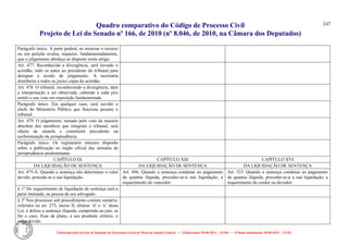 Quadro comparativo do Código de Processo Civil 
Projeto de Lei do Senado nº 166, de 2010 (nº 8.046, de 2010, na Câmara dos Deputados) 
Elaborado pelo Serviço de Redação da Secretaria-Geral da Mesa do Senado Federal. • (Elaboração: 09.06.2014 – 15:30) • (Última atualização: 09.06.2014 – 15:35) 
247 
Parágrafo único. A parte poderá, ao arrazoar o recurso ou em petição avulsa, requerer, fundamentadamente, que o julgamento obedeça ao disposto neste artigo. 
Art. 477. Reconhecida a divergência, será lavrado o acórdão, indo os autos ao presidente do tribunal para designar a sessão de julgamento. A secretaria distribuirá a todos os juízes cópia do acórdão. 
Art. 478. O tribunal, reconhecendo a divergência, dará a interpretação a ser observada, cabendo a cada juiz emitir o seu voto em exposição fundamentada. 
Parágrafo único. Em qualquer caso, será ouvido o chefe do Ministério Público que funciona perante o tribunal. 
Art. 479. O julgamento, tomado pelo voto da maioria absoluta dos membros que integram o tribunal, será objeto de súmula e constituirá precedente na uniformização da jurisprudência. 
Parágrafo único. Os regimentos internos disporão sobre a publicação no órgão oficial das súmulas de jurisprudência predominante. 
CAPÍTULO IX 
CAPÍTULO XIII 
CAPÍTULO XVI 
DA LIQUIDAÇÃO DE SENTENÇA 
DA LIQUIDAÇÃO DE SENTENÇA 
DA LIQUIDAÇÃO DE SENTENÇA 
Art. 475-A. Quando a sentença não determinar o valor devido, procede-se à sua liquidação. 
Art. 496. Quando a sentença condenar ao pagamento de quantia ilíquida, proceder-se-á sua liquidação, a requerimento do vencedor: 
Art. 523. Quando a sentença condenar ao pagamento de quantia ilíquida, proceder-se-á a sua liquidação, a requerimento do credor ou devedor: 
§ 1o Do requerimento de liquidação de sentença será a parte intimada, na pessoa de seu advogado. 
§ 3o Nos processos sob procedimento comum sumário, referidos no art. 275, inciso II, alíneas ‘d’ e ‘e’ desta Lei, é defesa a sentença ilíquida, cumprindo ao juiz, se for o caso, fixar de plano, a seu prudente critério, o valor devido. 
 