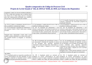 Quadro comparativo do Código de Processo Civil 
Projeto de Lei do Senado nº 166, de 2010 (nº 8.046, de 2010, na Câmara dos Deputados) 
Elaborado pelo Serviço de Redação da Secretaria-Geral da Mesa do Senado Federal. • (Elaboração: 09.06.2014 – 15:30) • (Última atualização: 09.06.2014 – 15:35) 
249 
exeqüenda e, ainda, nos casos de assistência judiciária. 
§ 4o Se o credor não concordar com os cálculos feitos nos termos do § 3o deste artigo, far-se-á a execução pelo valor originariamente pretendido, mas a penhora terá por base o valor encontrado pelo contador. 
§ 3º O Conselho Nacional de Justiça desenvolverá e colocará à disposição dos interessados programa de atualização financeira. 
Art. 475-G. É defeso, na liquidação, discutir de novo a lide ou modificar a sentença que a julgou. 
§ 3º Na liquidação é vedado discutir de novo a lide ou modificar a sentença que a julgou. 
§ 4º Na liquidação é vedado discutir de novo a lide ou modificar a sentença que a julgou. 
Art. 475-D. Requerida a liquidação por arbitramento, o juiz nomeará o perito e fixará o prazo para a entrega do laudo. 
Art. 497. Na liquidação por arbitramento, o juiz intimará as partes para a apresentação de pareceres ou documentos elucidativos, no prazo que fixar; caso não possa decidir de plano, nomeará perito, observando-se, no que couber, o procedimento da prova pericial. 
Art. 524. Na liquidação por arbitramento, o juiz intimará as partes para a apresentação de pareceres ou documentos elucidativos, no prazo que fixar; caso não possa decidir de plano, nomeará perito, observando-se, no que couber, o procedimento da prova pericial. 
Parágrafo único. Apresentado o laudo, sobre o qual poderão as partes manifestar-se no prazo de dez dias, o juiz proferirá decisão ou designará, se necessário, audiência. 
Art. 498. Na liquidação pelo procedimento comum, o juiz determinará a intimação do requerido, na pessoa de seu advogado, para, querendo, apresentar contestação no prazo de quinze dias, observando-se, a seguir, no que couber, o disposto no Livro I deste Código. 
Art. 525. Na liquidação pelo procedimento comum, o juiz determinará a intimação do requerido, na pessoa de seu advogado ou da sociedade de advogados a que estiver vinculado, para, querendo, apresentar contestação no prazo de quinze dias, observando-se, a seguir, no que couber, o disposto no Livro I da Parte Especial deste Código. 
Parágrafo único. Contra decisão proferida na fase de liquidação de sentença cabe agravo de instrumento. 
Art. 475-A. 
§ 2o A liquidação poderá ser requerida na pendência de recurso, processando-se em autos apartados, no juízo de origem, cumprindo ao liquidante instruir o pedido com cópias das peças processuais pertinentes. 
Art. 499. A liquidação poderá ser realizada na pendência de recurso, processando-se em autos apartados no juízo de origem, cumprindo ao liquidante instruir o pedido com cópias das peças processuais 
Art. 526. A liquidação poderá ser realizada na pendência de recurso, processando-se em autos apartados no juízo de origem, cumprindo ao liquidante instruir o pedido com cópias das peças processuais  