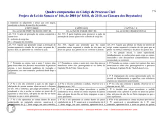 Quadro comparativo do Código de Processo Civil 
Projeto de Lei do Senado nº 166, de 2010 (nº 8.046, de 2010, na Câmara dos Deputados) 
Elaborado pelo Serviço de Redação da Secretaria-Geral da Mesa do Senado Federal. • (Elaboração: 09.06.2014 – 15:30) • (Última atualização: 09.06.2014 – 15:35) 
278 
a indenizar ao adquirente o preço que este pagou, ressalvado o direito de reavê-lo do vendedor. 
CAPÍTULO IV 
CAPÍTULO II 
CAPÍTULO II 
DA AÇÃO DE PRESTAÇÃO DE CONTAS 
DA AÇÃO DE EXIGIR CONTAS 
DA AÇÃO DE EXIGIR CONTAS 
Art. 914. A ação de prestação de contas competirá a quem tiver: 
I - o direito de exigi-las; 
II - a obrigação de prestá-las. 
Art. 535. É parte legítima para promover a ação de prestação de contas quem tiver o direito de exigi-las. 
Art. 915. Aquele que pretender exigir a prestação de contas requererá a citação do réu para, no prazo de 5 (cinco) dias, as apresentar ou contestar a ação. 
Art. 536. Aquele que pretender que lhe sejam prestadas contas requererá a citação do réu para, no prazo de quinze dias, prestá-las ou contestar o pedido. 
Art. 564. Aquele que afirmar ser titular do direito de exigir contas requererá a citação do réu para que as preste ou ofereça contestação no prazo de quinze dias. 
§ 1º Na petição inicial, o autor especificará, detalhadamente, as razões pelas quais exige as contas, instruindo-a com documentos comprobatórios dessa necessidade, se existirem. 
§ 1o Prestadas as contas, terá o autor 5 (cinco) dias para dizer sobre elas; havendo necessidade de produzir provas, o juiz designará audiência de instrução e julgamento; em caso contrário, proferirá desde logo a sentença. 
§ 1º Prestadas as contas, o autor terá cinco dias para se manifestar sobre elas, prosseguindo-se na forma do Capítulo IX do Título I deste Livro. 
§ 2º Prestadas as contas, o autor terá quinze dias para manifestar-se sobre elas, prosseguindo-se o processo na forma do Capítulo XI do Título I deste Livro. 
§ 3º A impugnação das contas apresentadas pelo réu deverá ser fundamentada e específica, com referência expressa ao lançamento questionado. 
§ 2o Se o réu não contestar a ação ou não negar a obrigação de prestar contas, observar-se-á o disposto no art. 330; a sentença, que julgar procedente a ação, condenará o réu a prestar as contas no prazo de 48 (quarenta e oito) horas, sob pena de não Ihe ser lícito impugnar as que o autor apresentar. 
§ 2º Se o réu não contestar o pedido, observar-se-á o disposto no art. 341. 
§ 4º Se o réu não contestar o pedido, observar-se-á o disposto no art. 362. 
§ 3º A sentença que julgar procedente o pedido condenará o réu a prestar as contas no prazo de quinze dias, sob pena de não lhe ser lícito impugnar as que o autor apresentar. 
§ 5º A decisão que julgar procedente o pedido condenará o réu a prestar as contas no prazo de quinze dias, sob pena de não lhe ser lícito impugnar as que o autor apresentar. 
§ 3o Se o réu apresentar as contas dentro do prazo estabelecido no parágrafo anterior, seguir-se-á o procedimento do § 1o deste artigo; em caso contrário, 
§ 4º Se o réu apresentar as contas dentro do prazo estabelecido no § 3º, seguir-se-á o procedimento do § 1º deste artigo; em caso contrário, apresentá-las-á o 
§ 6º Se o réu apresentar as contas no prazo previsto no § 5º, seguir-se-á o procedimento do § 2º; caso contrário, apresentá-las-á o autor no prazo de quinze  