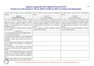Quadro comparativo do Código de Processo Civil 
Projeto de Lei do Senado nº 166, de 2010 (nº 8.046, de 2010, na Câmara dos Deputados) 
Elaborado pelo Serviço de Redação da Secretaria-Geral da Mesa do Senado Federal. • (Elaboração: 09.06.2014 – 15:30) • (Última atualização: 09.06.2014 – 15:35) 
284 
Art. 931. Aplica-se, quanto ao mais, o procedimento ordinário. 
Art. 551. Aplica-se, quanto ao mais, o procedimento comum. 
Art. 580. Aplica-se, quanto ao mais, o procedimento comum. 
Seção III 
Seção III 
Seção III 
Do Interdito Proibitório 
Do interdito proibitório 
Do Interdito Proibitório 
Art. 932. O possuidor direto ou indireto, que tenha justo receio de ser molestado na posse, poderá impetrar ao juiz que o segure da turbação ou esbulho iminente, mediante mandado proibitório, em que se comine ao réu determinada pena pecuniária, caso transgrida o preceito. 
Art. 552. O possuidor direto ou indireto que tenha justo receio de ser molestado na posse poderá requerer ao juiz que o segure da turbação ou esbulho iminente, mediante mandado proibitório, em que se comine ao réu determinada pena pecuniária, caso transgrida o preceito. 
Art. 581. O possuidor direto ou indireto que tenha justo receio de ser molestado na posse poderá requerer ao juiz que o segure da turbação ou esbulho iminente, mediante mandado proibitório, em que se comine ao réu determinada pena pecuniária, caso transgrida o preceito. 
Art. 933. Aplica-se ao interdito proibitório o disposto na seção anterior. 
Art. 553. Aplica-se ao interdito proibitório o disposto na Seção II deste Capítulo. 
Art. 582. Aplica-se ao interdito proibitório o disposto na Seção II deste Capítulo. 
CAPÍTULO VI 
DA AÇÃO DE NUNCIAÇÃO DE OBRA NOVA 
Art. 934. Compete esta ação: 
I - ao proprietário ou possuidor, a fim de impedir que a edificação de obra nova em imóvel vizinho Ihe prejudique o prédio, suas servidões ou fins a que é destinado; 
II - ao condômino, para impedir que o co-proprietário execute alguma obra com prejuízo ou alteração da coisa comum; 
III - ao Município, a fim de impedir que o particular construa em contravenção da lei, do regulamento ou de postura. 
Art. 935. Ao prejudicado também é lícito, se o caso for urgente, fazer o embargo extrajudicial, notificando verbalmente, perante duas testemunhas, o proprietário ou, em sua falta, o construtor, para não continuar a obra. 
Parágrafo único. Dentro de 3 (três) dias requererá o nunciante a ratificação em juízo, sob pena de cessar o 
 