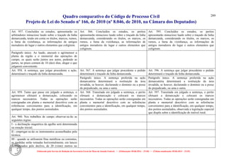 Quadro comparativo do Código de Processo Civil 
Projeto de Lei do Senado nº 166, de 2010 (nº 8.046, de 2010, na Câmara dos Deputados) 
Elaborado pelo Serviço de Redação da Secretaria-Geral da Mesa do Senado Federal. • (Elaboração: 09.06.2014 – 15:30) • (Última atualização: 09.06.2014 – 15:35) 
289 
Art. 957. Concluídos os estudos, apresentarão os arbitradores minucioso laudo sobre o traçado da linha demarcanda, tendo em conta os títulos, marcos, rumos, a fama da vizinhança, as informações de antigos moradores do lugar e outros elementos que coligirem. 
Art. 566. Concluídos os estudos, os peritos apresentarão minucioso laudo sobre o traçado da linha demarcanda, considerando os títulos, os marcos, os rumos, a fama da vizinhança, as informações de antigos moradores do lugar e outros elementos que coligirem. 
Art. 595. Concluídos os estudos, os peritos apresentarão minucioso laudo sobre o traçado da linha demarcanda, considerando os títulos, os marcos, os rumos, a fama da vizinhança, as informações de antigos moradores do lugar e outros elementos que coligirem. 
Parágrafo único. Ao laudo, anexará o agrimensor a planta da região e o memorial das operações de campo, os quais serão juntos aos autos, podendo as partes, no prazo comum de 10 (dez) dias, alegar o que julgarem conveniente. 
Art. 958. A sentença, que julgar procedente a ação, determinará o traçado da linha demarcanda. 
Art. 567. A sentença que julgar procedente o pedido determinará o traçado da linha demarcanda. 
Art. 596. A sentença que julgar procedente o pedido determinará o traçado da linha demarcanda. 
Parágrafo único. A sentença proferida na ação demarcatória determinará a restituição da área invadida, se houver, declarando o domínio ou a posse do prejudicado, ou uma e outra. 
Parágrafo único. A sentença proferida na ação demarcatória determinará a restituição da área invadida, se houver, declarando o domínio ou a posse do prejudicado, ou uma e outra. 
Art. 959. Tanto que passe em julgado a sentença, o agrimensor efetuará a demarcação, colocando os marcos necessários. Todas as operações serão consignadas em planta e memorial descritivo com as referências convenientes para a identificação, em qualquer tempo, dos pontos assinalados. 
Art. 568. Transitada em julgado a sentença, o perito efetuará a demarcação e colocará os marcos necessários. Todas as operações serão consignadas em planta e memorial descritivo com as referências convenientes para a identificação, em qualquer tempo, dos pontos assinalados. 
Art. 597. Transitada em julgado a sentença, o perito efetuará a demarcação e colocará os marcos necessários. Todas as operações serão consignadas em planta e memorial descritivo com as referências convenientes para a identificação, em qualquer tempo, dos pontos assinalados, observada a legislação especial que dispõe sobre a identificação do imóvel rural. 
Art. 960. Nos trabalhos de campo observar-se-ão as seguintes regras: 
I - a declinação magnética da agulha será determinada na estação inicial; 
II - empregar-se-ão os instrumentos aconselhados pela técnica; 
III - quando se utilizarem fitas metálicas ou correntes, as medidas serão tomadas horizontalmente, em lances determinados pelo declive, de 20 (vinte) metros no 
 