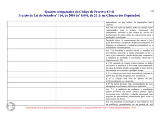 Quadro comparativo do Código de Processo Civil 
Projeto de Lei do Senado nº 166, de 2010 (nº 8.046, de 2010, na Câmara dos Deputados) 
Elaborado pelo Serviço de Redação da Secretaria-Geral da Mesa do Senado Federal. • (Elaboração: 09.06.2014 – 15:30) • (Última atualização: 09.06.2014 – 15:35) 
328 
aplicando-se, no que couber, as disposições deste Capítulo. 
Art. 709. Nas ações de família, todos os esforços serão empreendidos para a solução consensual da controvérsia, devendo o juiz dispor do auxílio de profissionais de outras áreas de conhecimento para a mediação e conciliação. 
Parágrafo único. A requerimento das partes, o juiz pode determinar a suspensão do processo enquanto os litigantes se submetem a mediação extrajudicial ou a atendimento multidisciplinar. 
Art. 710. Recebida a petição inicial, e tomadas as providências referentes à tutela antecipada, se for o caso, o juiz ordenará a citação do réu para comparecer à audiência de mediação e conciliação, observado o disposto no art. 709. 
§ 1º O mandado de citação conterá apenas os dados necessários à audiência e deve estar desacompanhado de cópia da petição inicial, assegurado ao réu o direito de examinar seu conteúdo a qualquer tempo. 
§ 2º A citação ocorrerá com antecedência mínima de quinze dias da data designada para a audiência. 
§ 3º A citação será feita na pessoa do réu, preferencialmente por via postal. 
§ 4º As partes deverão estar acompanhadas de seus adv