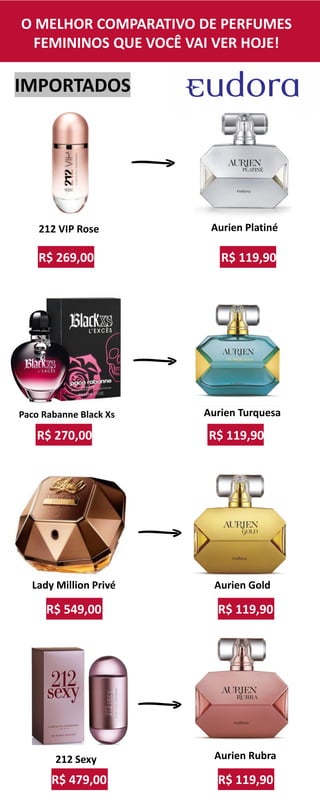 IMPORTADOS
R$ 119,90
Aurien Turquesa
R$ 270,00
Paco Rabanne Black Xs
R$ 119,90
Aurien Platiné
R$ 269,00
212 VIP Rose
R$ 119,90
Aurien Gold
R$ 549,00
Lady Million Privé
R$ 119,90
Aurien Rubra
R$ 479,00
212 Sexy
O MELHOR COMPARATIVO DE PERFUMES
FEMININOS QUE VOCÊ VAI VER HOJE!
 