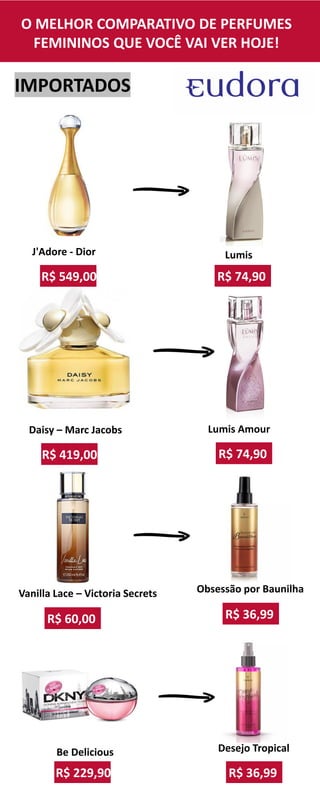 IMPORTADOS
O MELHOR COMPARATIVO DE PERFUMES
FEMININOS QUE VOCÊ VAI VER HOJE!
R$ 74,90
Lumis
R$ 74,90
Lumis Amour
R$ 549,00
J'Adore - Dior
R$ 419,00
Daisy – Marc Jacobs
R$ 36,99
Obsessão por Baunilha
R$ 36,99
Desejo TropicalBe Delicious
R$ 229,90
R$ 60,00
Vanilla Lace – Victoria Secrets
 