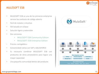 www.grupointellego.comwww.intellego.com.mxwww.grupointellego.com 13
MULESOFT ESB
• MULESOFT ESB es una de los primeros enterprise
service bus exitosos de código abierto
• Fácil de instalar e intuitivo
• IDE basado en eclipse
• Solución ligera y extensible
• Dos versiones
• MULESOFT ESB Community Edition
• MULESOFT ESB Enterprise Edition
• Precios «amigables»
• Conectividad nativa con SAP o SALESFORCE
• Es necesario combinar MULESOFT ESB con
productos de otros proveedores para lograr una
mayor capacidad
• Una pequeña comunidad detrás del producto
 