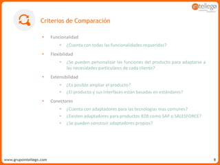 www.grupointellego.comwww.intellego.com.mxwww.grupointellego.com 8
• Funcionalidad
• ¿Cuenta con todas las funcionalidades requeridas?
• Flexibilidad
• ¿Se pueden personalizar las funciones del producto para adaptarse a
las necesidades particulares de cada cliente?
• Extensibilidad
• ¿Es posible ampliar el producto?
• ¿El producto y sus interfaces están basadas en estándares?
• Conectores
• ¿Cuenta con adaptadores para las tecnologías mas comunes?
• ¿Existen adaptadores para productos B2B como SAP o SALESFORCE?
• ¿Se pueden construir adaptadores propios?
Criterios de Comparación
 