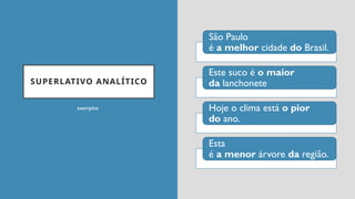 SUPERLATIVO ANALÍTICO
São Paulo
é a melhor cidade do Brasil.
Este suco é o maior
da lanchonete
Hoje o clima está o pior
do ano.
Esta
é a menor árvore da região.
exemplos
 