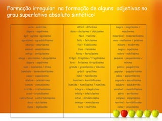 Formação irregular na formação de alguns adjetivos no
grau superlativo absoluto sintético:
acre - acérrimo
áspero - aspérrimo
ágil – agílimo -agilíssimo
agradável - agradabilíssimo
amargo – amaríssimo
amável - amabilíssimo
antigo - antiquíssimo
amigo – amicíssimo / amiguíssimo
áspero - aspérrimo
bom - boníssimo / ótimo
benévolo - benevolentíssimo
capaz – capacíssimo
célebre - celebérrimo
comum – comuníssimo
cristão - cristianíssimo
cruel – crudelíssimo
confortável - confortabilíssimo
doce – dulcíssimo
digno – digníssimo
difícil - dificílimo
doce – docíssimo / dulcíssimo
fácil - facílimo
feliz - felicíssimo
fiel – fidelíssimo
feio - feiíssimo
feroz – ferocíssimo
frágil – fragílimo / fragilíssimo
frio - friíssimo /frigidíssimo
grande – grandíssimo / máximo
grácil - gracílimo
hábil – habilíssimo
horrível – horribilíssimo
humilde – humilíssimo / humílimo
íntegro - integérrimo
infeliz – infelicíssimo
infiel – infidelicíssmo
inimigo – inimicíssimo
livre – libérrimo
magro – magríssimo /
macérrimo
miserável – miserabilíssimo
mau – malíssimo / péssimo
mísero - misérrimo
negro – nigérrimo
nobre – nobilíssimo
pequeno – pequeníssimo /
mínimo
pobre – paupérrimo
popular - popularíssimo
sábio – sapientíssimo
sagrado – sacratíssimo
salubre - salubérrimo
sensível - sensibilíssimo
sério - seriíssimo
simples – simplíssimo
terrível - terribilíssimo
veloz – velocíssimo
 