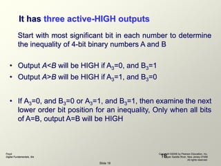 Floyd
Digital Fundamentals, 9/e
Copyright ©2006 by Pearson Education, Inc.
Upper Saddle River, New Jersey 07458
All rights reserved.
Slide 18
18
It has three active-HIGH outputs
Start with most significant bit in each number to determine
the inequality of 4-bit binary numbers A and B
• Output A<B will be HIGH if A3=0, and B3=1
• Output A>B will be HIGH if A3=1, and B3=0
• If A3=0, and B3=0 or A3=1, and B3=1, then examine the next
lower order bit position for an inequality, Only when all bits
of A=B, output A=B will be HIGH
 