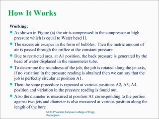How It Works
Working:
As shown in Figure (a) the air is compressed in the compressor at high
pressure which is equal to Water head H.
The excess air escapes in the form of bubbles. Then the metric amount of
air is passed through the orifice at the constant pressure.
Due to restricted area, at A1 position, the back pressure is generated by the
head of water displaced in the manometer tube.
To determine the roundness of the job, the job is rotated along the jet axis,
if no variation in the pressure reading is obtained then we can say that the
job is perfectly circular at position A1.
Then the same procedure is repeated at various positions A2, A3, A4,
position and variation in the pressure reading is found out.
Also the diameter is measured at position A1 corresponding to the portion
against two jets and diameter is also measured at various position along the
length of the bore
Mr.H.P.Varade,Sanjivani college of Engg.
Kopargaon
 