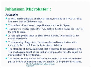 Johansson Microkator :
Principle:
It works on the principle of a Button spring, spinning on a loop of string
like in the case of Children’s toys.
The method of mechanical magnification is shown in Figure.
 It employs a twisted metal strip. Any pull on the strip causes the centre of
the strip to rotate.
A very light pointer made of glass tube is attached to the centre of the
twisted metal strip.
The measuring plunger is on the slit washer and transmits its motion
through the bell crank lever to the twisted metal strip.
The other end of the twisted metal strip is fastened to the cantilever strip.
The overhanging length of the cantilever strip can be varied to adjust the
magnification of the instrument.
The longer the length of the cantilever, the more it will deflect under the
pull of the twisted metal strip and less rotation of the pointer is obtained.
Mr.H.P.Varade,Sanjivani college of Engg.
Kopargaon
 