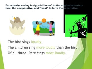 The bird sings loudly.
The children sing more loudly than the bird.
Of all three, Pete sings most loudly.
For adverbs ending in –ly, add “more” to the original adverb to
form the comparative, and “most” to form the superlative.
 