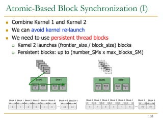 SM#0 SM#1
Block
0
Block
1
Block
2
Block
3
Block
2n
Block
2n
Block
2n
Block
2n
Block
4
SM#0 SM#1
Block
0
Block
1
Block
2
Block
3
Block
2n
Block
2n
Block
2n
Block
2n
Block
4
Atomic-Based Block Synchronization (I)
 Combine Kernel 1 and Kernel 2
 We can avoid kernel re-launch
 We need to use persistent thread blocks
 Kernel 2 launches (frontier_size / block_size) blocks
 Persistent blocks: up to (number_SMs x max_blocks_SM)
103
 