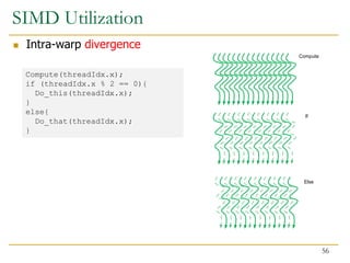 SIMD Utilization
 Intra-warp divergence
Compute(threadIdx.x);
if (threadIdx.x % 2 == 0){
Do_this(threadIdx.x);
}
else{
Do_that(threadIdx.x);
}
Compute
If
Else
56
 