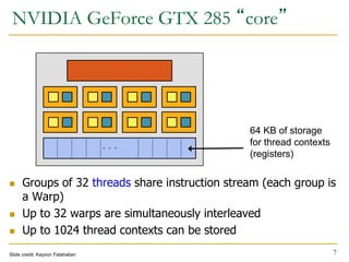 NVIDIA GeForce GTX 285 “core”
…
64 KB of storage
for thread contexts
(registers)
 Groups of 32 threads share instruction stream (each group is
a Warp)
 Up to 32 warps are simultaneously interleaved
 Up to 1024 thread contexts can be stored
Slide credit: Kayvon Fatahalian 7
 