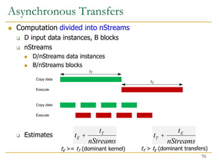 Asynchronous Transfers
 Computation divided into nStreams
 D input data instances, B blocks
 nStreams
 D/nStreams data instances
 B/nStreams blocks
 Estimates tT +
tE
nStreams
tE +
tT
nStreams
tE >= tT (dominant kernel) tT > tE (dominant transfers)
70
 