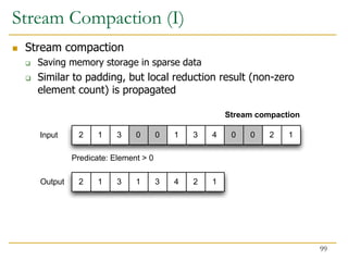 2 1 3 0 0 1 3 4 0 0 2 1
2 1 3 1 3 4 2 1
Predicate: Element > 0
Input
Output
Stream compaction
Stream Compaction (I)
 Stream compaction
 Saving memory storage in sparse data
 Similar to padding, but local reduction result (non-zero
element count) is propagated
99
 