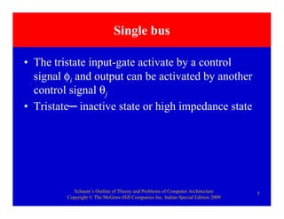 Schaum’s Outline of Theory and Problems of Computer Architecture
Copyright © The McGraw-Hill Companies Inc. Indian Special Edition 2009
5
Single bus
• The tristate input-gate activate by a control
signal φi and output can be activated by another
control signal θj
• Tristate─ inactive state or high impedance state
 
