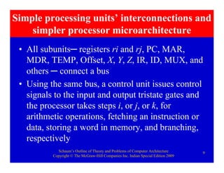 Schaum’s Outline of Theory and Problems of Computer Architecture
Copyright © The McGraw-Hill Companies Inc. Indian Special Edition 2009
9
Simple processing units’ interconnections and
simpler processor microarchitecture
• All subunits─ registers ri and rj, PC, MAR,
MDR, TEMP, Offset, X, Y, Z, IR, ID, MUX, and
others ─ connect a bus
• Using the same bus, a control unit issues control
signals to the input and output tristate gates and
the processor takes steps i, or j, or k, for
arithmetic operations, fetching an instruction or
data, storing a word in memory, and branching,
respectively
 