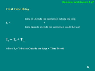 Computer Architecture & µP
12
Total Time Delay
Time to Execute the instruction outside the loop
TD = +
Time taken to execute the instruction inside the loop
TD = TO + TLA
Where TO = T-States Outside the loop X Time Period
 