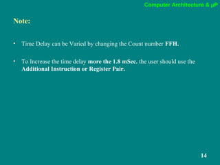 Computer Architecture & µP
14
Note:
• Time Delay can be Varied by changing the Count number FFH.
• To Increase the time delay more the 1.8 mSec. the user should use the
Additional Instruction or Register Pair.
 