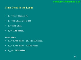 Computer Architecture & µP
22
Time Delay in the Loop1
• TL1 = T x T States x N10
• TL1 = 0.5 µSec. x 14 x 255
• TL1=1785 µSec.
• TL1= 1.785 mSec.
Total Time
• TLA1 = 1.785 mSec. - (10-7) x 0.5 µSec.
• TLA1 = 1.785 mSec. - 0.0015 mSec.
• TLA1 = 1.7835 mSec.
 