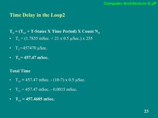 Computer Architecture & µP
23
Time Delay in the Loop2
TL2 = (TLA1 + T-States X Time Period) X Count N10
• TL2 = (1.7835 mSec. + 21 x 0.5 µSec.) x 255
• TL2=457470 µSec.
• TL2= 457.47 mSec.
Total Time
• TLA2 = 457.47 mSec. - (10-7) x 0.5 µSec.
• TLA1 = 457.47 mSec. - 0.0015 mSec.
• TLA1 = 457.4685 mSec.
 
