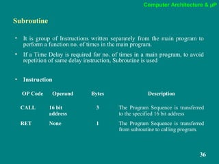 Computer Architecture & µP
36
Subroutine
• It is group of Instructions written separately from the main program to
perform a function no. of times in the main program.
• If a Time Delay is required for no. of times in a main program, to avoid
repetition of same delay instruction, Subroutine is used
• Instruction
OP Code Operand Bytes Description
CALL 16 bit
address
3 The Program Sequence is transferred
to the specified 16 bit address
RET None 1 The Program Sequence is transferred
from subroutine to calling program.
 